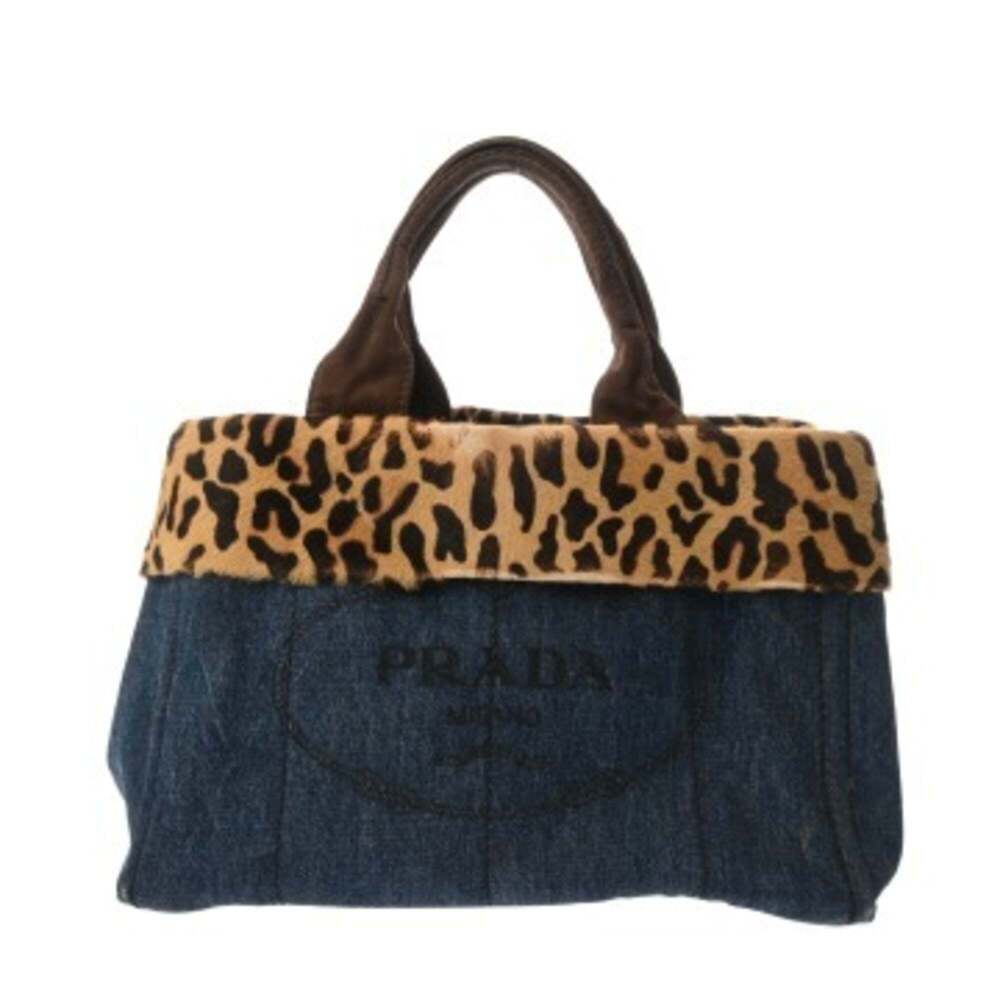 PRADA Canapa Tote Bag, Leopard Print, Navy, Women's, Calf Hair & Denim B Rank...